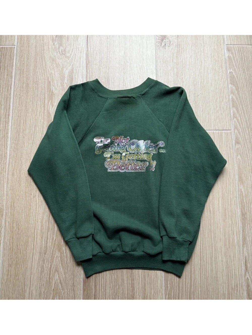 Vintage Sportswear Glitter Print Comedy Funny Humor Green Sweatshirt Size Small